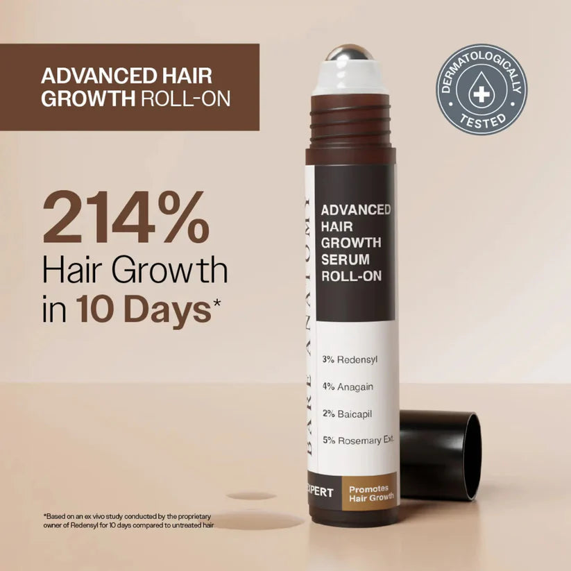 Bare Anatomy Advanced Hair Growth Roll-On Serum | 3% Redensyl + 4% Anagain + 2% Baicapil + 5% Rosemary | Direct Scalp Application for Thicker, Stronger Hair